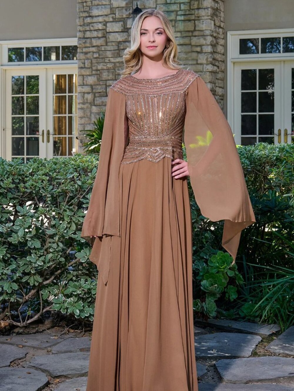 New Chocolate Brown Long Mother Of The Bride Gown w/ Beaded Bodice GL3736